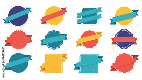Set of 12 Colorful Flat Design Badges with Ribbon