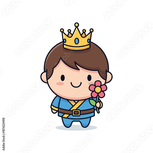 Prince Cartoon Character with Crown and Flower