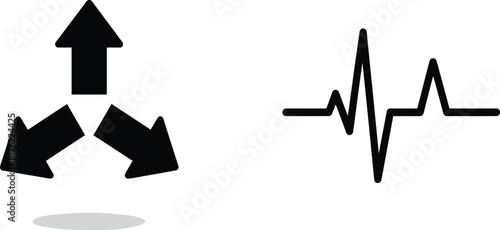 Set of Directional Three-Way Arrows and Heartbeat Pulse Line Icons for Strategic Business and Medical Design.