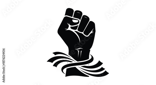 A black and white graphic illustration of a clenched fist emerging from a striped fabric on a plain white background.