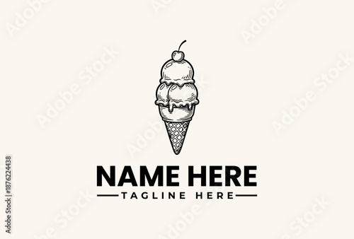 A black and white illustration of a double-decker ice cream cone with a cherry on top, accompanied by a logo template with placeholder text on a clean white background.