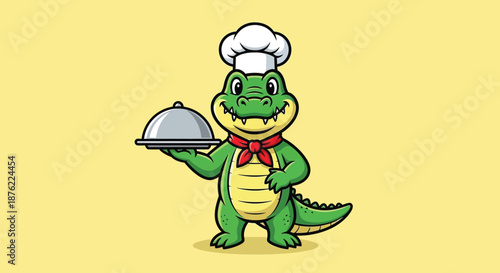 A cheerful green cartoon alligator wearing a white chef's hat and red neckerchief holds a silver serving dish against a bright yellow background.