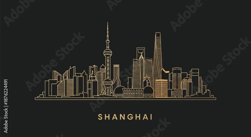 Golden illustration of the Shanghai city skyline at night on a black background with a white lower section.