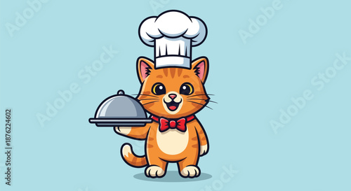 Cartoon orange cat wearing a chef's hat and red bow tie holds a covered dish against a light blue background.