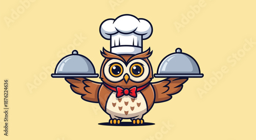 Cartoon owl wearing chef hat and red bow tie holding two silver serving dishes on a yellow background with a playful mood.