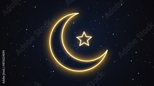 Golden neon crescent moon and star glowing in a dark night sky with scattered stars celestial symbol for Ramadan and Islamic holidays isolated on 
