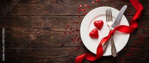Romantic table setting featuring a white plate with two heart shaped red chocolates antique silverware tied with a bright ribbon and small confetti hearts scattered on dark wood valentine