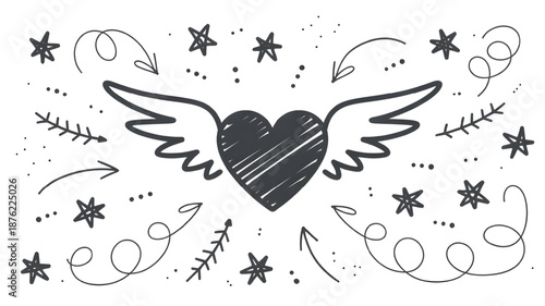 Heart with Wings Hand Drawn Illustration in Simple Monochrome Style on White Background for Valentines Day