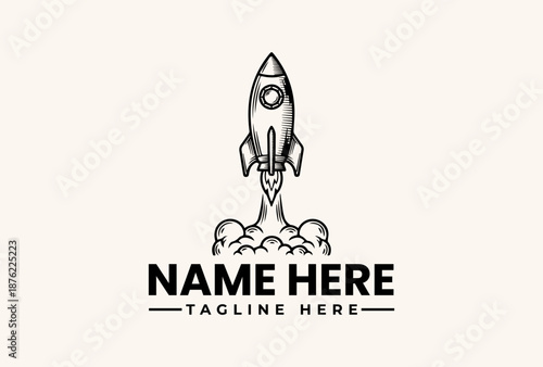 A black and white illustration of a rocket ship launching with a logo and placeholder text on a clean white background.