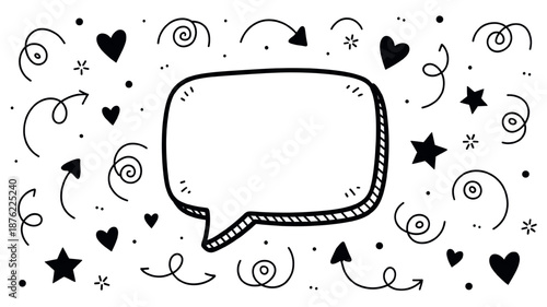 Blank speech bubble with doodle elements in black and white hand drawn style for social media