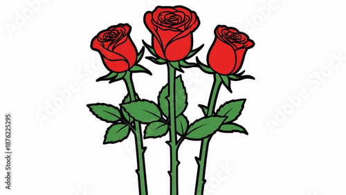 Three red roses with green leaves and thorns illustrated on a white background