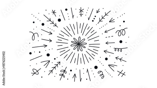 Astrological Symbols in Mystical Radial Pattern with Black Ink on White Background for Esoteric Design