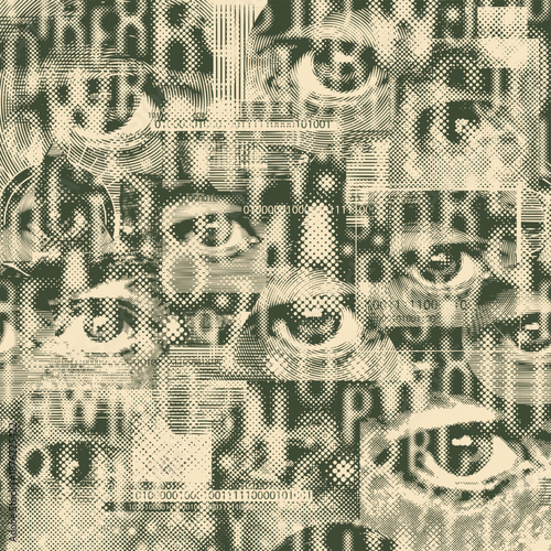 A seamless pattern featuring a font composed of dots depicting the human eye, geometric shapes, and font. Matrix printing, computer games, digital technology, pixels.T-shirt, wallpaper.No ai