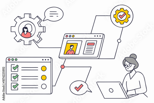 A vector graphic illustration of a woman working on a laptop with various workflow and productivity icons