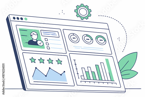 A vector graphic illustration of a computer screen displaying various charts and graphs with a green and blue color scheme