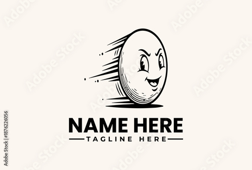 A smiling egg character with motion lines, used as a logo template with placeholder text on a plain background, illustration style.