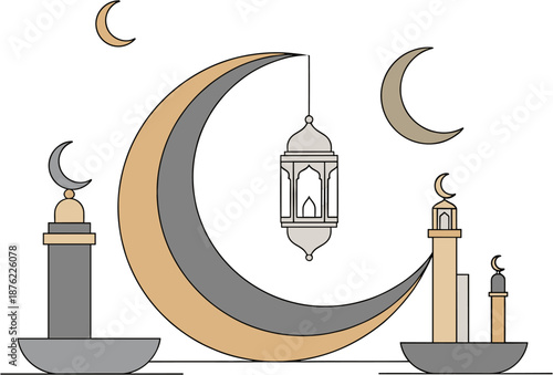 Minimalist Ramadan vector with crescent moon, mosque, and lantern. Islamic culture graphic for holy month greetings and celebration