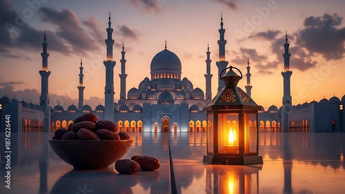 Serene mosque scene at sunset with lantern and fruit bowl