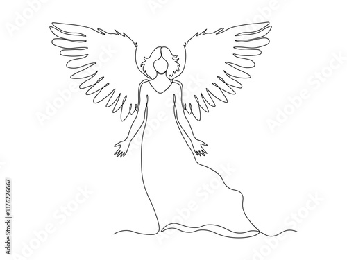 angel with wings, abstract continuous single one line art hand drawing sketch logo on white background