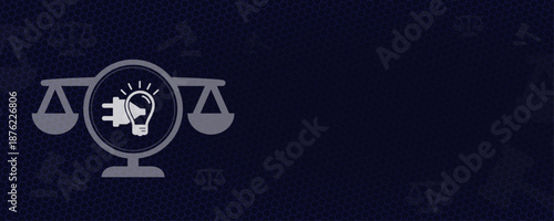Energy law concept with scales and power plug vector representing electricity regulations green transition and utility provider legislation with copy space for power supply info