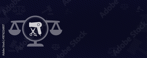 Legal scales with hairdressing icons vector for beauty industry regulations professional hygiene standards and salon ownership with copy space for stylists and cosmetic law