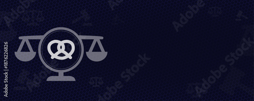 Food law scales with pretzel icon vector representing bakery standards nutrition labeling regulations and food safety compliance with copy space for catering and restaurant law