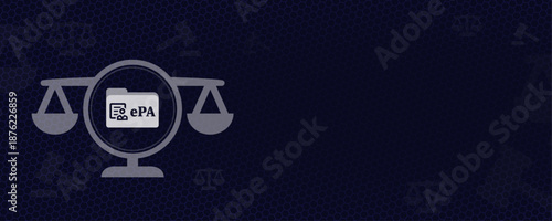 Medical law scales with electronic patient record ePA icon vector for healthcare data protection GDPR and digital health legislation with copy space for medicine and privacy law