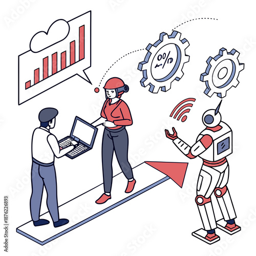 A vector graphic illustration of people working together with a robot and technology symbols