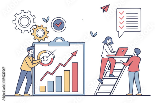 A vector graphic illustration of people working together with a clipboard and laptop on a ladder