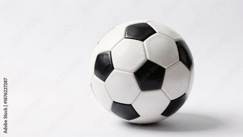 Naklejka premium A classic black and white leather soccer ball sits on a clean white background, casting a soft shadow, perfect for sports designs or equipment mockups.