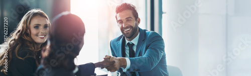 Foto Business, interview and man with handshake in office for vacancy success, onboarding or opportunity