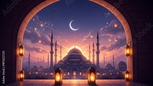 Serene islamic architecture under crescent moonlight