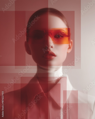 Futuristic woman portrait red glasses geometric shape minimal style fashion concept cyber aesthetic soft light sleek hair