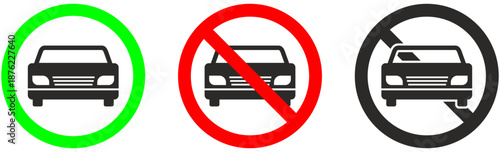 Minimalist flat vehicle restricted and permitted signs in red green and black | Traffic rules concept icons for urban navigation and road safety signage