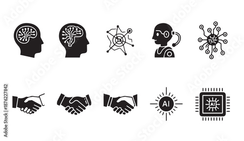 Black vector icons depicting artificial intelligence concepts and human brain connections