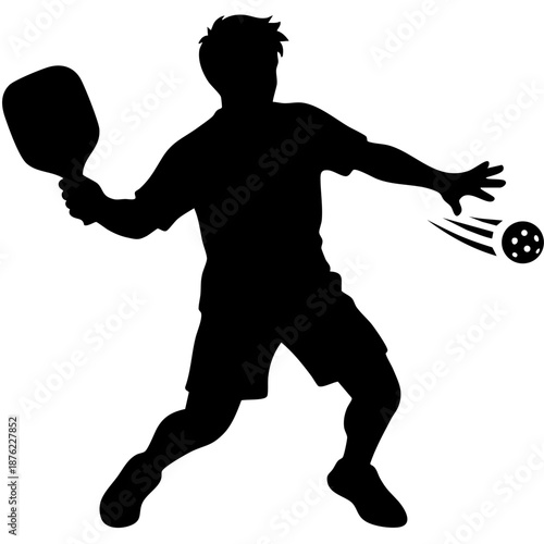 A black vector illustration shows a football player silhouette in an active sports action pose with a ball, featuring a sharp athletic outline of a person in competition