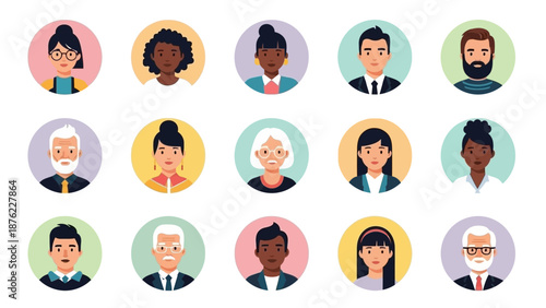 A diverse collection of flat design avatar icons representing people of various ages, genders, and ethnicities.