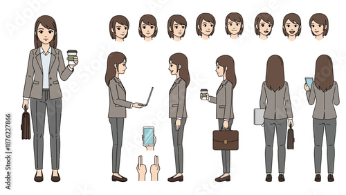 A collection of illustrations showing a businesswoman in a grey suit from various angles and with different facial expressions, holding a coffee cup and a briefcase.