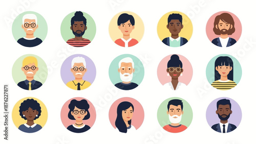 A diverse collection of stylized avatar portraits representing people of various ethnicities, ages, and genders.