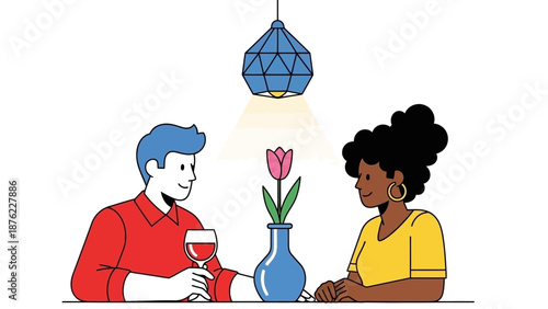 A man and a woman enjoying a romantic dinner date with a flower and wine.