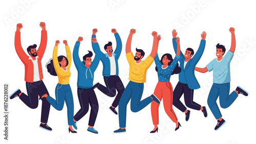 A diverse group of happy people jumping and celebrating with their arms raised in the air.