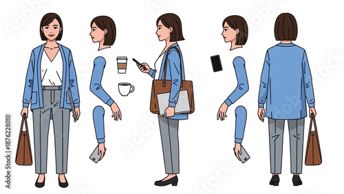 A set of character design sheets showing a woman from the front, side, and back, with separate elements for her arms, phone, and bag.