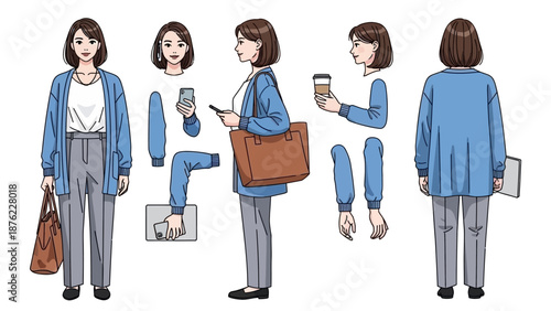 A collection of character design sheets showing a woman in business casual attire from multiple angles, with separate body parts for animation.