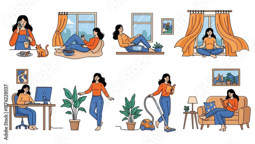 A collection of illustrations depicting a woman engaged in various daily activities at home, including working on a laptop, meditating, cleaning, and relaxing.