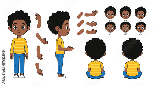 A collection of cartoon character assets for an African American boy, showing various poses, facial expressions, and body parts.