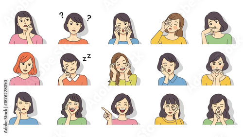 A collection of 15 diverse cartoon illustrations depicting women expressing a wide range of emotions and actions.