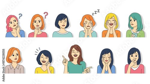 Collection of diverse female facial expressions and emotions depicted in a cartoon illustration.