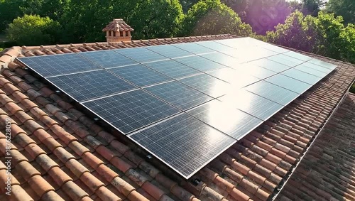 Solar panels on a tiled roof generating clean energy.
