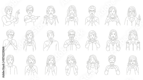 A collection of line drawings depicting various human facial expressions and gestures, showcasing a range of emotions and reactions.