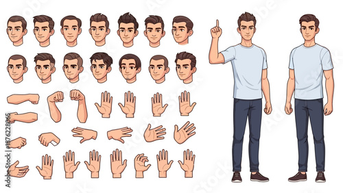 Collection of character design elements for a young man, including various facial expressions, hairstyles, hand gestures, and full body poses.